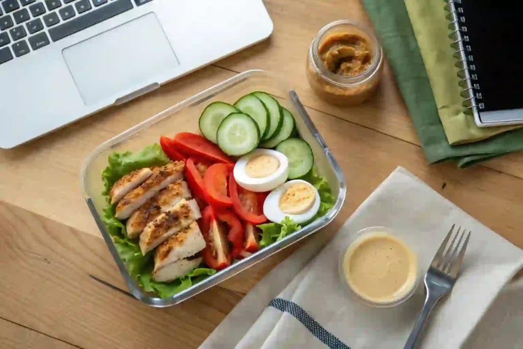 A casual, realistic lunch with lettuce wraps, boiled eggs, and fresh veggies packed in a glass container on a wooden table.