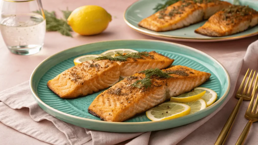 A turquoise ceramic plate holds three golden-brown salmon fillets with crispy herb-crusted tops, garnished with fresh dill and lemon slices. Gold forks and a knife sit beside the dish on a soft pink linen tablecloth, with a second plate of salmon and lemon wedges in the background. Warm natural light highlights the textures and colors