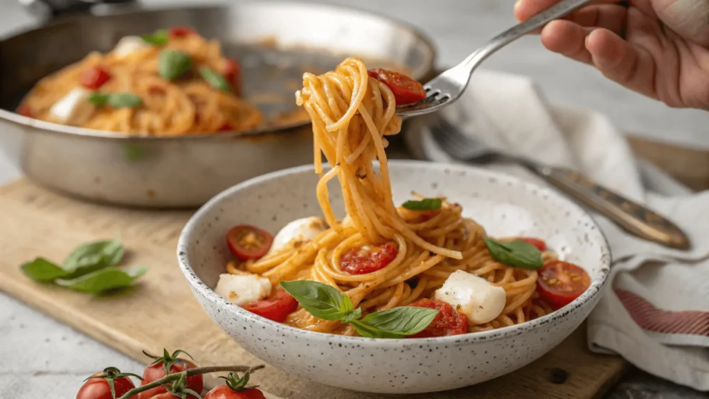 A hand lifts a forkful of spaghetti coated in creamy tomato sauce, topped with cherry tomatoes, mozzarella, and basil, from a white bowl. A skillet of pasta and a linen napkin sit beside it on a wooden table