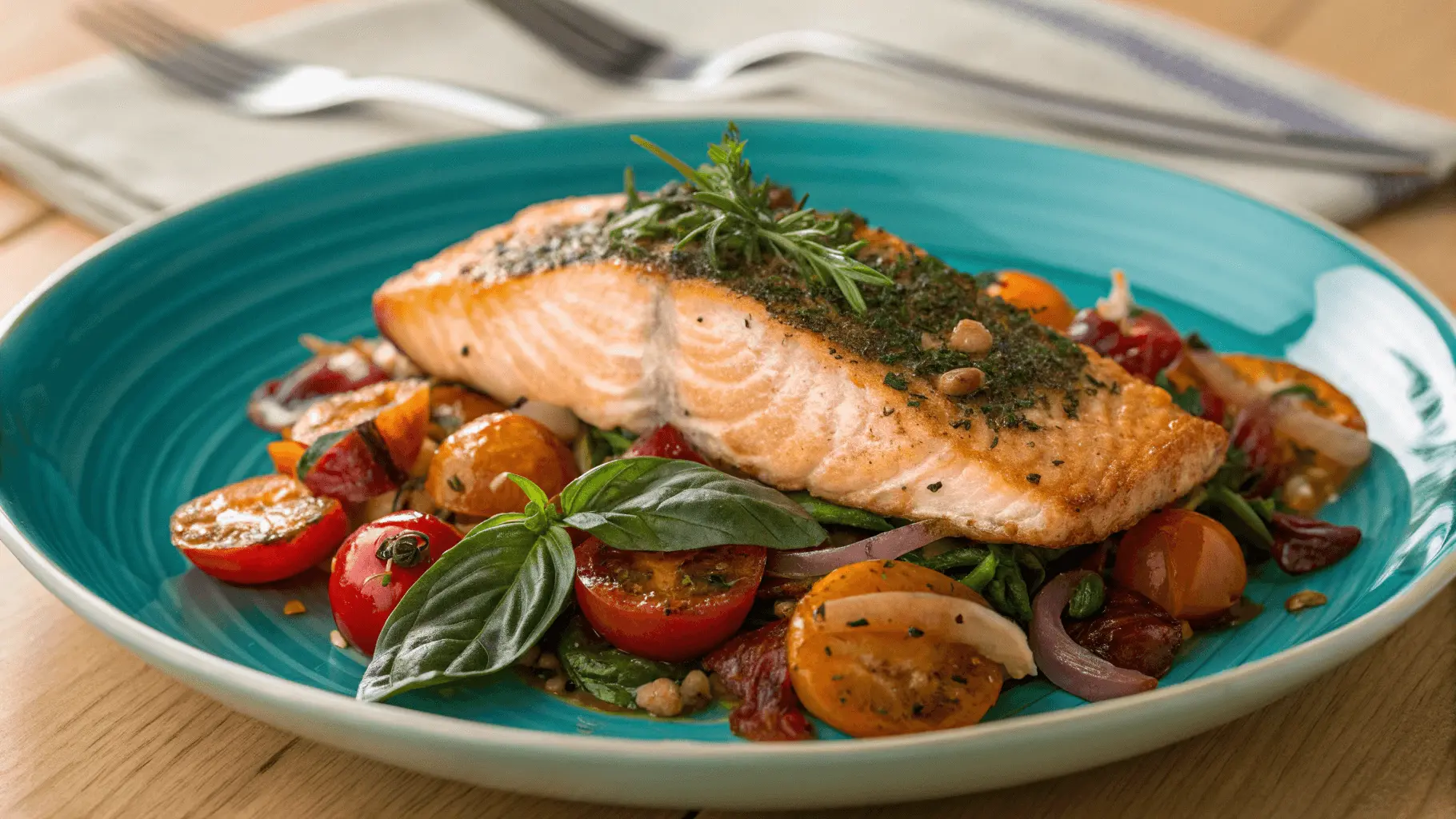 A teal plate holds a golden-brown herb-crusted salmon fillet atop roasted cherry tomatoes, caramelized onions, and garlic croutons. Fresh basil leaves and olive oil drizzle garnish the dish. A silver fork rests beside it on a light wooden table, bathed in soft warm light