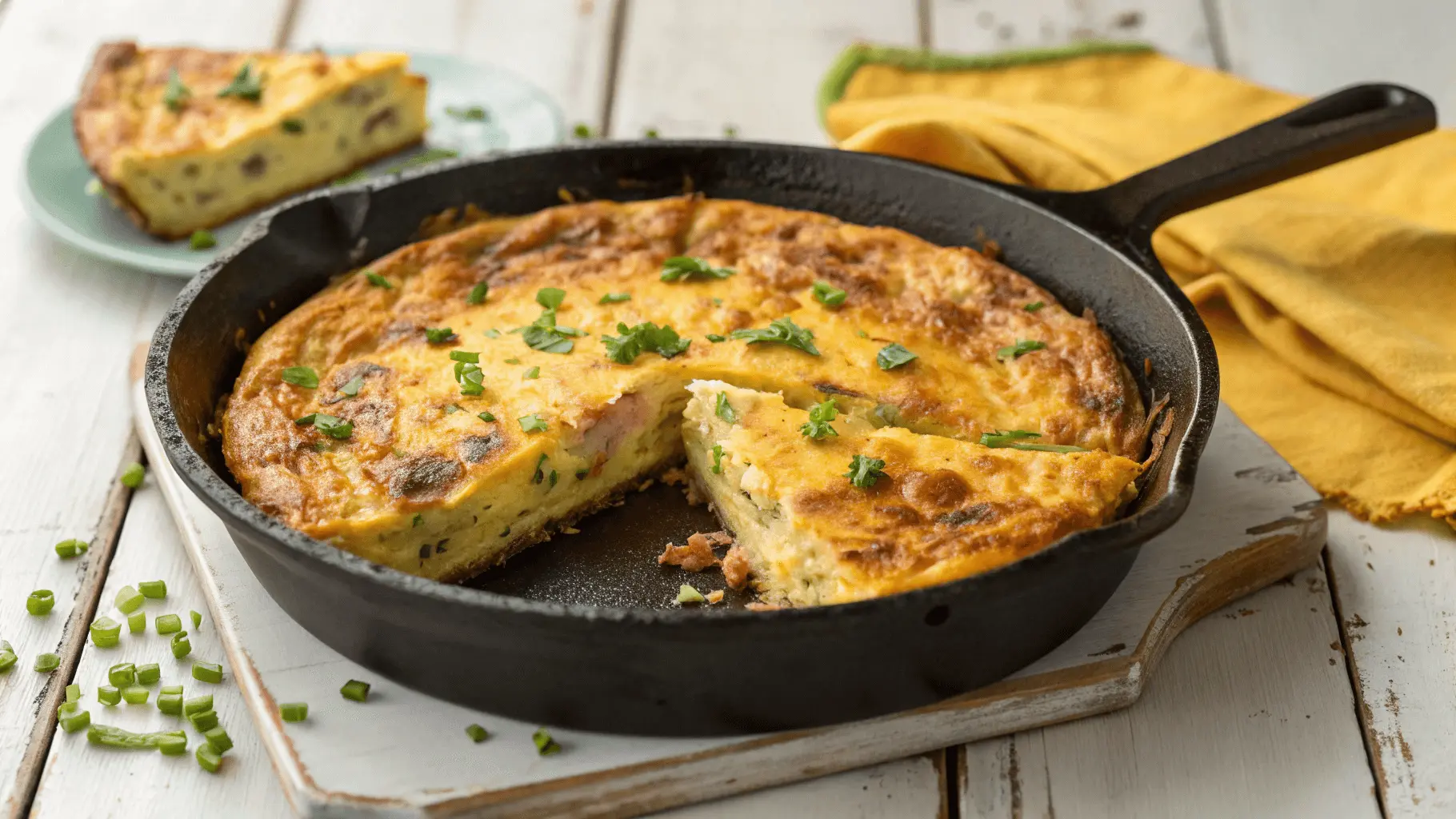 A golden frittata in a cast-iron skillet, topped with herbs and cheese, with one slice removed to show its fluffy interior, set on a white wooden table