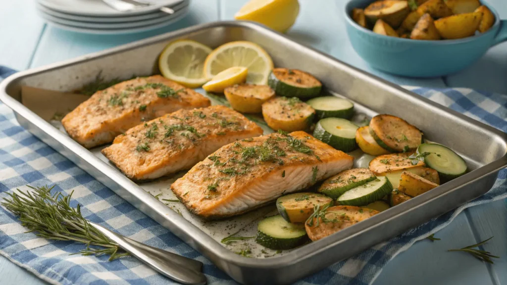 A metallic baking tray holds four golden-brown salmon fillets with herb-crusted tops, roasted potatoes, zucchini slices, and lemon wedges. A blue-and-white checkered tablecloth peeks beneath, with silverware visible in the corner. Warm golden light highlights the crispy edges and glistening salmon skin
