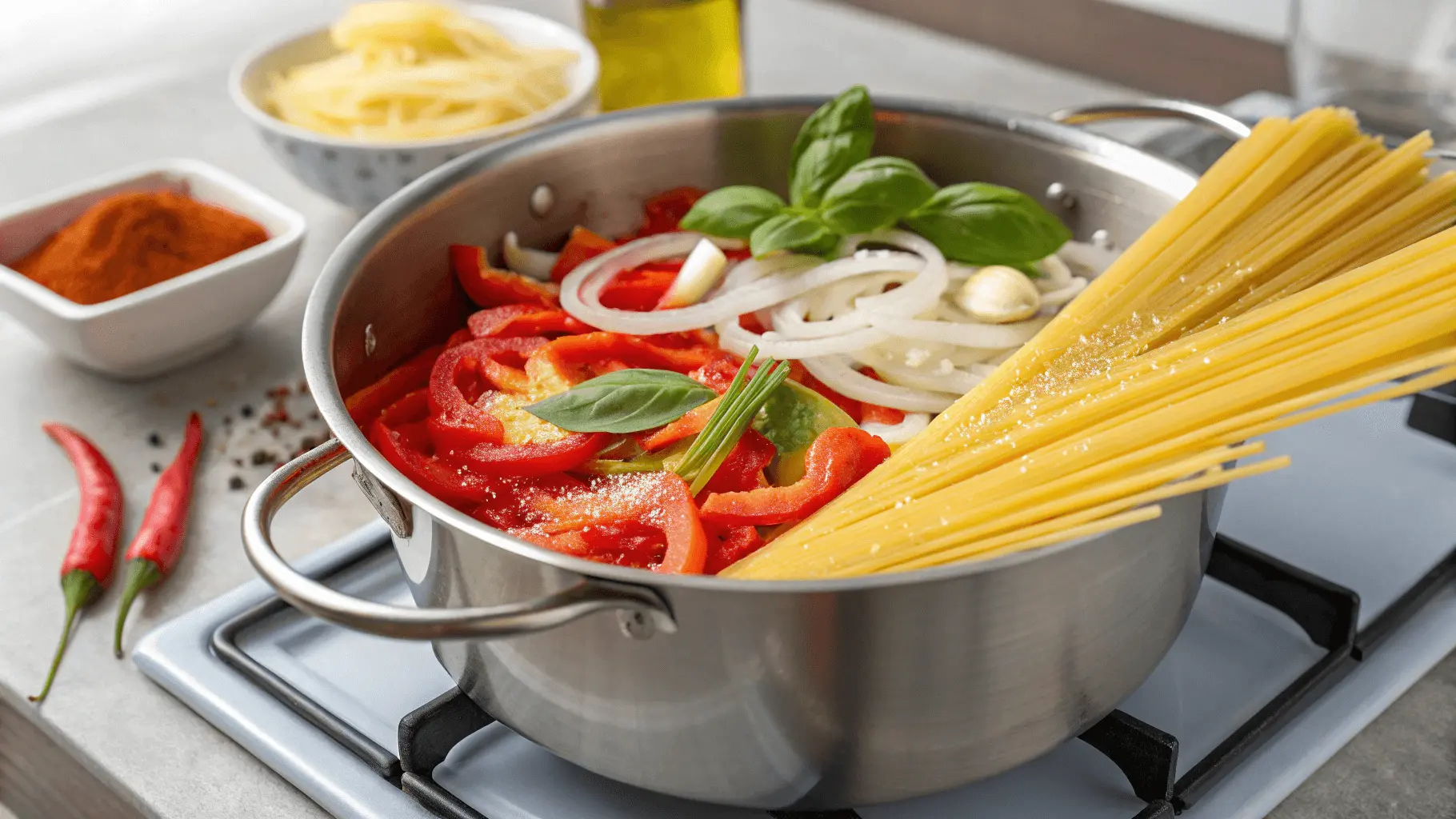 A stainless steel pot on a light gray stovetop contains uncooked spaghetti noodles, red bell peppers, onions, garlic, basil leaves, and red chili flakes, ready to be sautéed into a hearty pasta dish