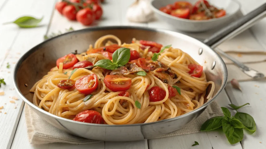 Spaghetti in a stainless steel skillet topped with cherry tomatoes, garlic, onions, and fresh basil, served with black forks on a white wooden table.