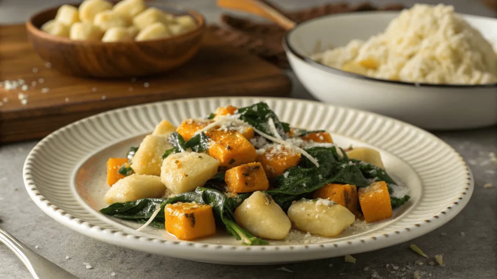 A white ceramic plate with a subtle ridged edge holds a hearty serving of golden-brown gnocchi mixed with vibrant green wilted spinach and deep orange cubed roasted butternut squash. A creamy parmesan sauce lightly browns the dish, topped with grated parmesan cheese and fresh cracked black pepper. In the background, a wooden bowl of additional gnocchi and a second plate suggest a shared meal, set on a textured gray stone countertop under warm, golden-hour lighting