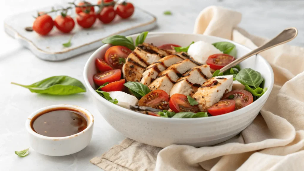 A clear glass bowl with horizontal ridges holds a vibrant Caprese Chicken Salad. Tender grilled chicken cubes with golden-brown sear marks are mixed with juicy halved cherry tomatoes (deep red), shredded fresh basil (bright green), and glossy balsamic glaze. The salad sits on a textured white marble countertop under soft, diffused lighting, highlighting the layered colors and rustic elegance of the transparent bowl.