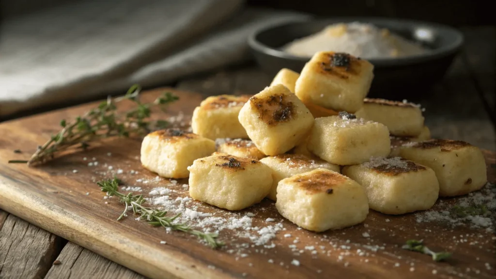 A pile of golden-brown gnocchi squares rests on a weathered wooden surface. The gnocchi has a soft, pale interior with a toasted, slightly crispy exterior, some pieces showing darker caramelized spots. Fresh thyme sprigs and grated parmesan cheese add depth, while warm, golden-hour lighting highlights the texture and color variations. The blurred background emphasizes the rustic, homemade appeal of the dish.