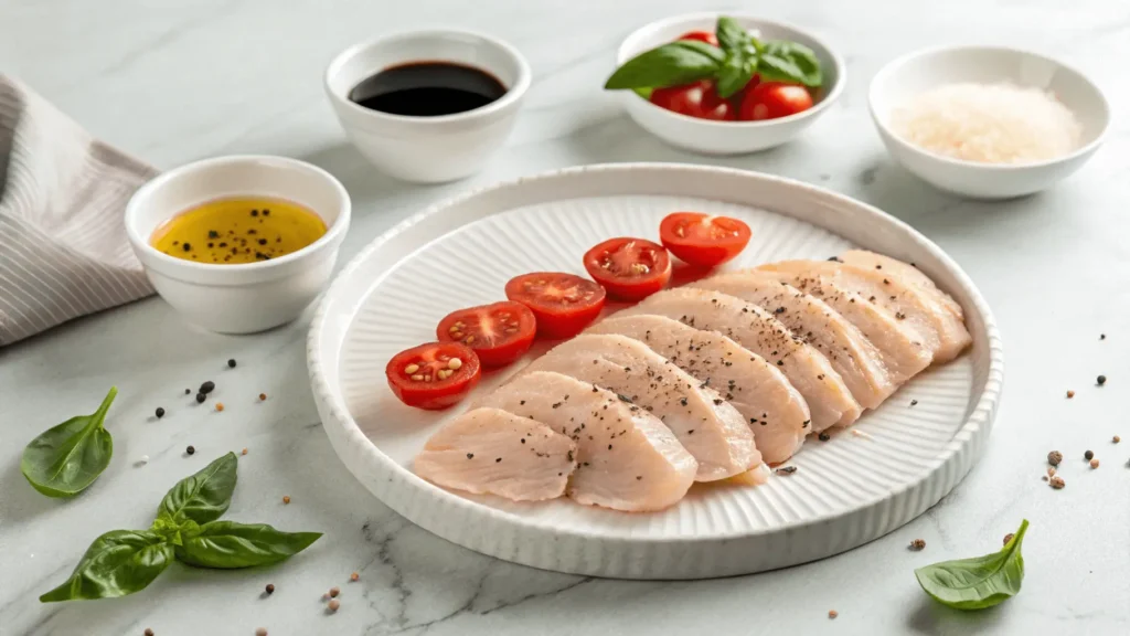 Raw, thinly sliced chicken breasts seasoned with salt and pepper are arranged on a white ceramic plate with a ridged edge. Surrounding the plate are small white bowls holding halved cherry tomatoes (deep red), fresh basil leaves (vibrant green), olive oil (golden drizzle), balsamic vinegar (dark amber droplets), and minced garlic (creamy white). The setup rests on a textured white marble countertop under soft, diffused lighting, emphasizing the rustic elegance of the uncooked ingredients.